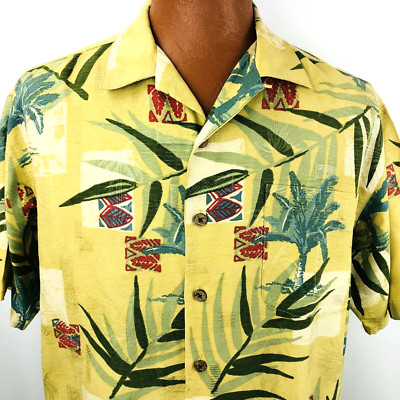 Paradise Blue Large Aloha Hawaiian Shirt Palm Trees Tapas Yellow Textured