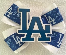 Girls Hair Bow 4" Wide LA Dodgers White Blue Grosgrain Ribbon Ponytail Holder