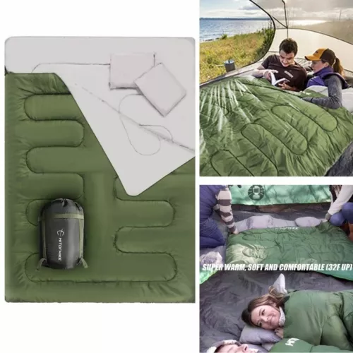 2 Person Double Sleeping Bag For Adults Size XL Green C 0 Degree Camping Hiking