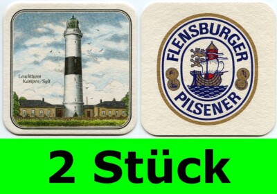 2 Bierdeckel Flensburger Pilsener Leuchtturm Kampen Sylt aus 1991 Sammlerstück