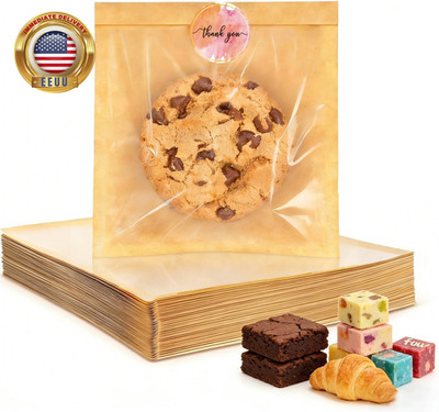 Cookie Bags with Seal, 50 Pack 7.1X7.5 Inch Paper Bakery Bags with Window & Than