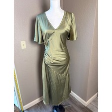 Cider Olive Green Satin V-Neck Ruched Midi Dress Short Flutter Sleeve Womens M