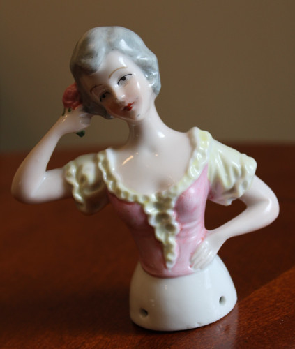 VINTAGE GERMAN PORCELAIN HALF DOLL LADY W/ PINK & WHITE BLOUSE HOLDING PINK ROSE