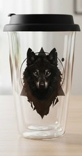 Double Wall Heat-Resistant Glass Mug 12oz – Black Wolf Logo –Insulated Cup
