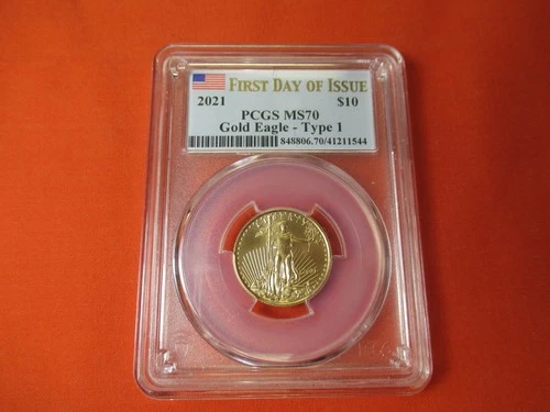 2021 $10.00 American Gold Eagle Coin! Type 1. 1/4 Oz. Gold Bullion! PCGS MS70!