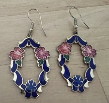 Vintage Oval Blue Cloisonn With Pink Hibiscus Flower Fish-Hook Earrings