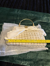 Ivory Woven Clutch Bag with Bow, Kiss-Lock Gold Tone Frame Top Handle
