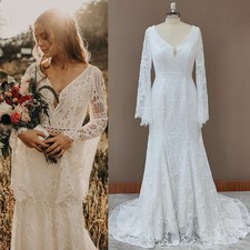 Beach Boho Long Flare Sleeves Wedding Dress V Neck Backless Lace Bridal Gown