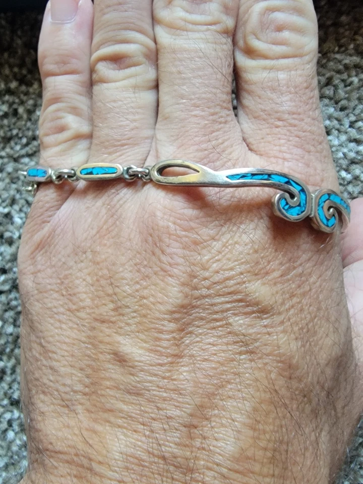 Pulsera vintage firmada de plata de ley 925/turquesa con incrustaciones excelente estado  Foto 2 de 4