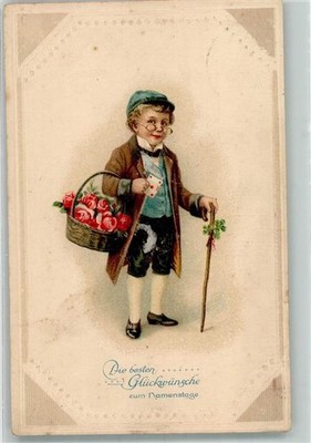 39896363 - Boy with Glasses Love Letter Lucky Clover and a Basket Full of Red