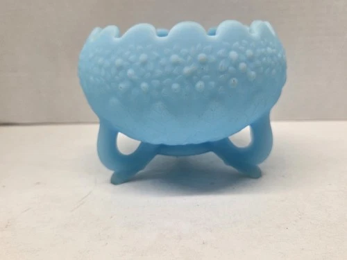 Vintage  Fenton Baby Blue Satin Glass Rose Bowl Orange Tree Pattern 3 Footed