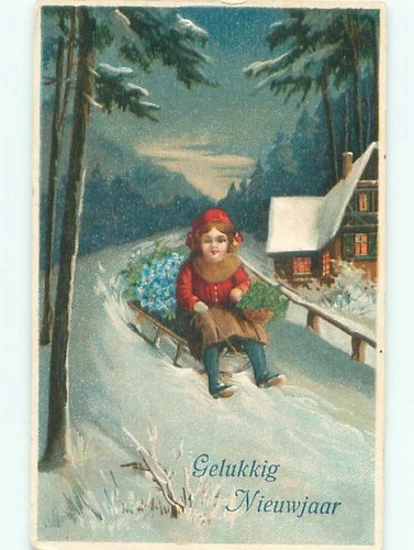 foreign 1925 New Year GIRL RIDING ON TOBOGGAN SLED : : make an offer AC1024