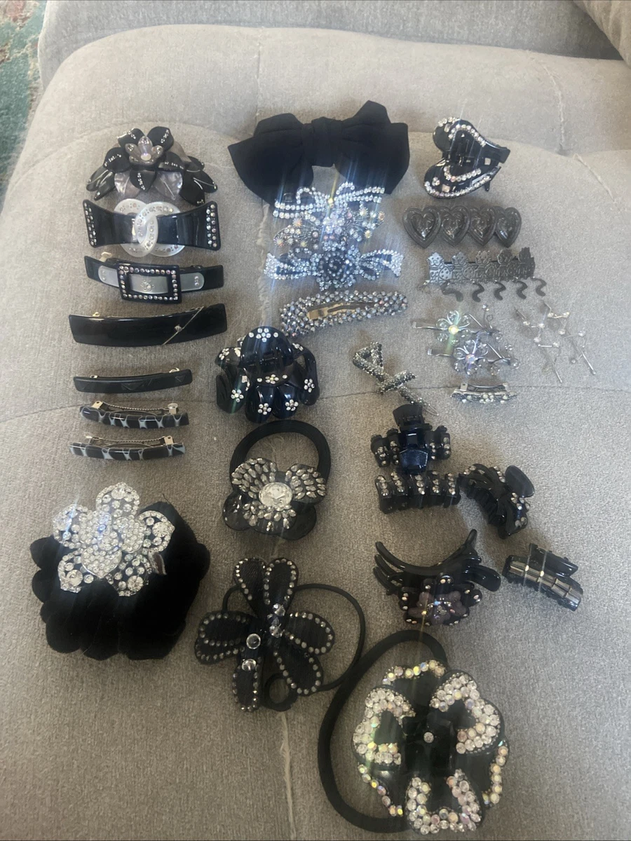 1970\'s Vintage Hair Comb, Black with Rhinestones, French Hair Accessory Vintage Black Enamel Hair Clips | Colorful Rhinestones 70s  main image 4