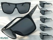 Oversized Modern Retro Wrap Shield KUSH SUNGLASSES Large Black Frame Dark Lens