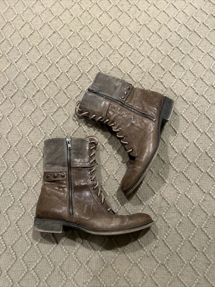 Boutique 9 Mujeres Combate Moto Botas Granny Talla 8.5 Marrón Cuero Gamuza Western Foto 2 de 4