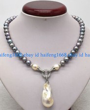 Echte 8-9mm Grau Süßwasser Perle & Weiße Barock Perle Anhänger Halskette 16-28"