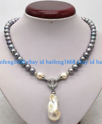 Echte 8-9mm Grau Süßwasser Perle & Weiße Barock Perle Anhänger Halskette 16-28" - Bild 1 von 4