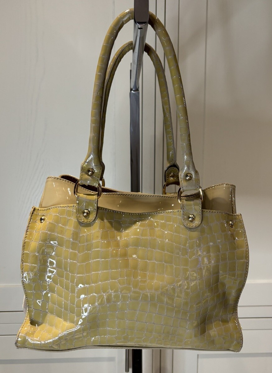 Hobbs Ladies Olive/Beige Patent Croc Effect Leather And Suede Rectangular  Bag