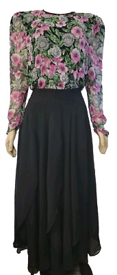 Diane Freis RN#62926 Original 70's Dress Black pink floral layers size M? #E