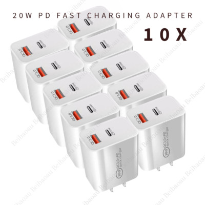 10X Lot 20W Fast Wall Charger Dual Port QC+PD USB C Power Adapter Plug Brick Lot