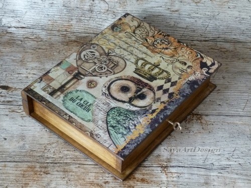 Caja de de madera con llave. Caja del tesoro en de libro decoración de búho estilo | eBay