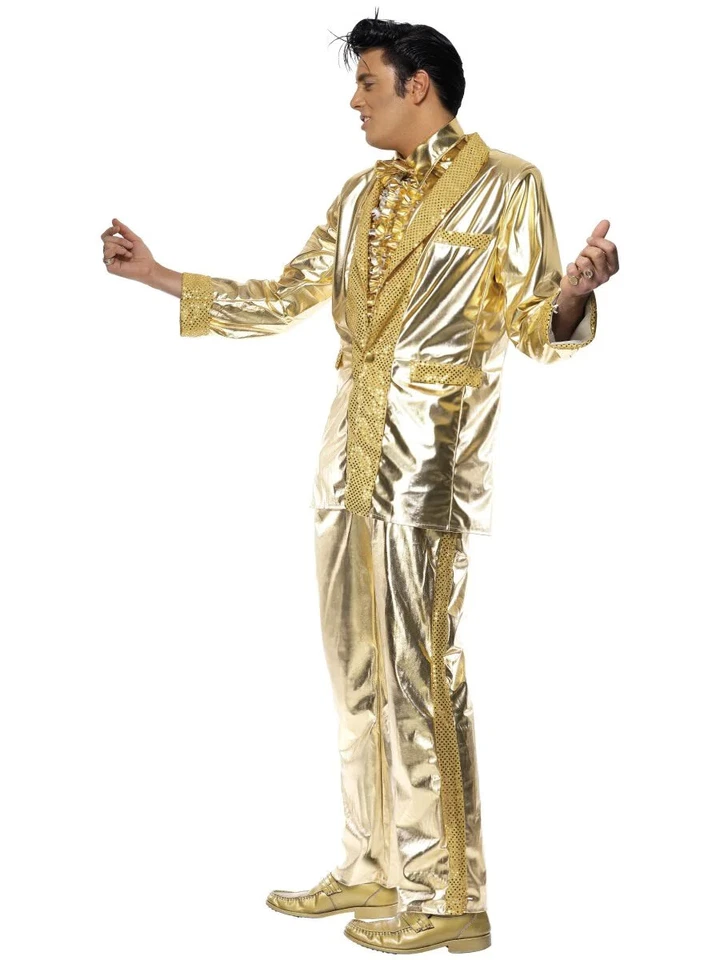 TRAJE COJO DORADO CON LICENCIA ELVIS PRESLEY 3 PIEZAS DISFRAZ DE ESMOQUIN ROCK'N'ROLL PARA HOMBRE ADULTO ESTRELLA Foto 3 de 4