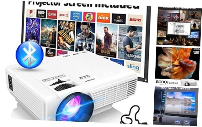 Projector with Two-way Bluetooth, Mini Projector with Projector Screen, Full-image