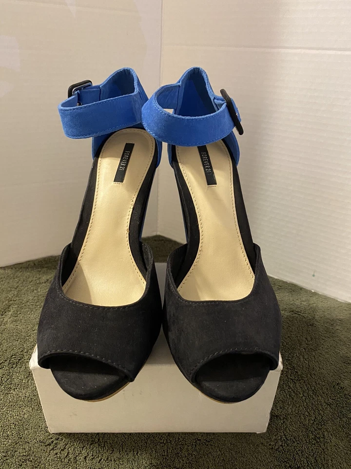 Forever 21, zapatos de vestir para mujer de tacón alto con cuña, correa para el tobillo, punta abierta, talla 8M” Foto 3 de 4