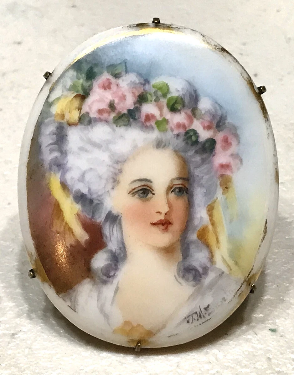 Vintage Antique 1800 Hand Painted Portrait Artist Signed Miniature Pin Brooch