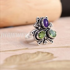 Faceted Peridot  Amethyst Gemstone 925 Sterling Silver Ring For Wife Best Gift