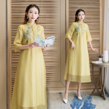 Women Summer Ethnic Retro A-Line Stand-Up Collar Embroidered Long Dress