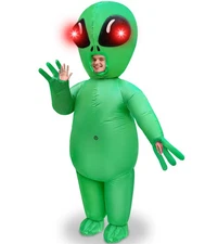Halloween Inflatable Alien Costume with Red LED Eyes, Scary Alien Blow Up Cos...