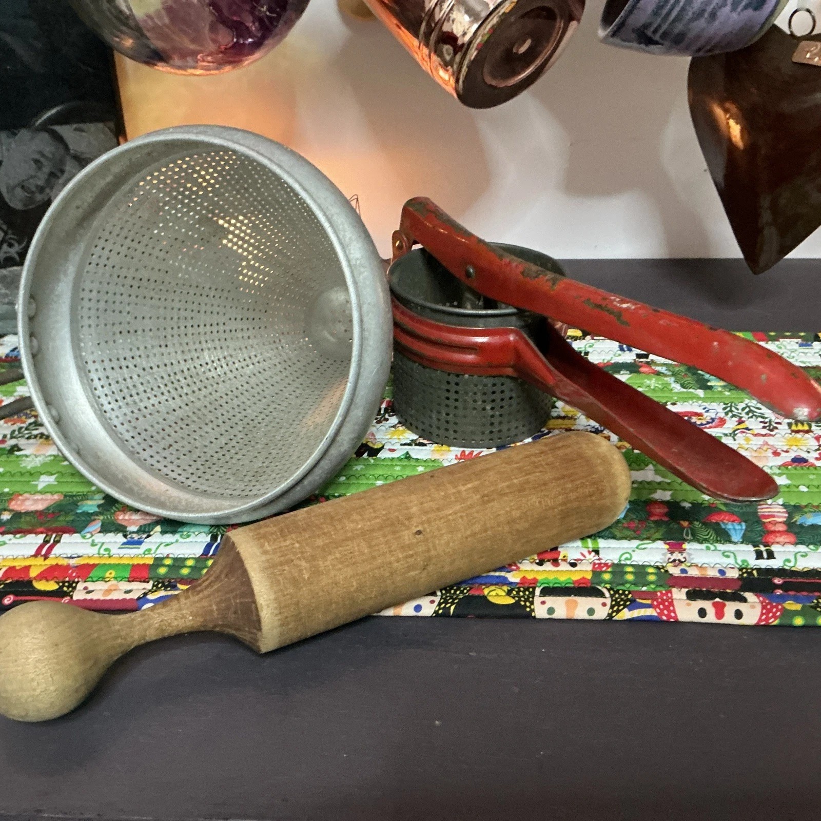 3 Vintage Aluminum Cone Sieve Colander Strainer press and Wood Pestle & Ricer