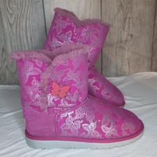 UGG Pink Butterfly Silver Bailey Button Fur Lined Boots Youth Kids Girls Size 5