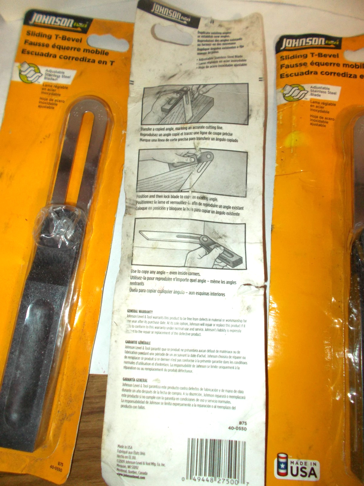 4 LOT  VTG, Johnson Level and Tool B75 Stainless Steel 8" Sliding T-Bevels  NOS