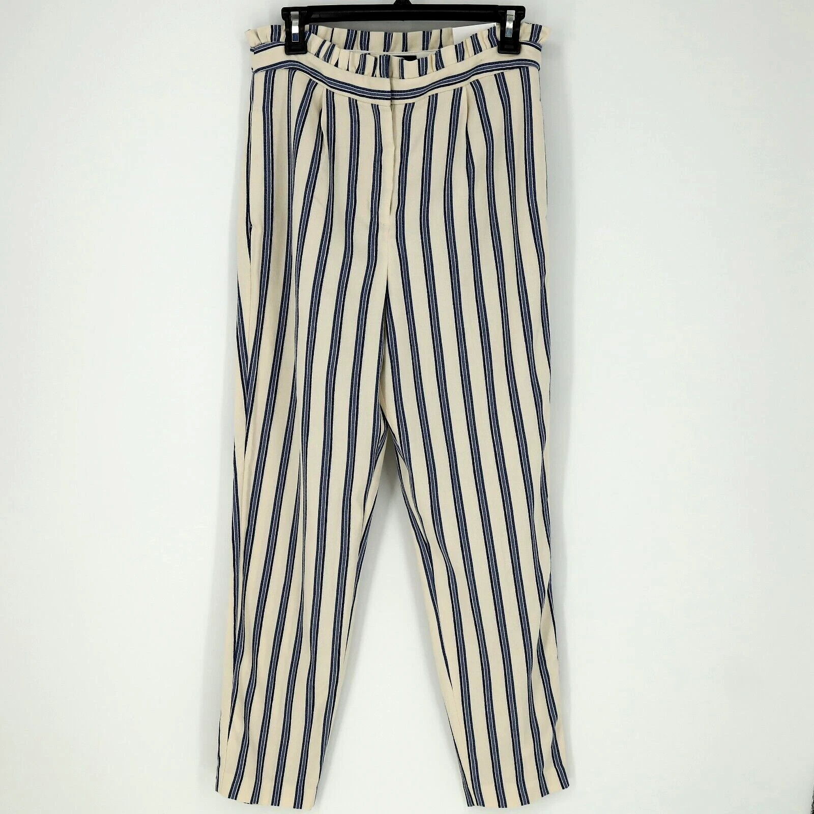 JORDAN Pantalone abito express donna 4 vita alta caviglia avorio blu righe misto cotone nuovo