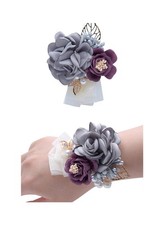 Rose Wedding Wrist Corsage Boutonniere Set Party Prom Hand Ribbon Light Gray