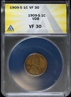 1909 S Small Cents Lincoln, Wheat Ears Reverse ANACS VF-30