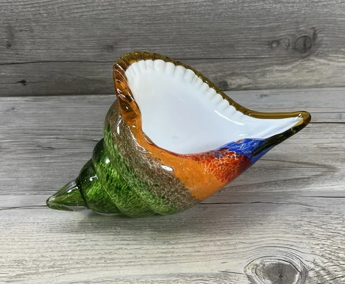 Art Glass Conch Shell Sculpture Glossy Colorful Decor 9" x 4.5"