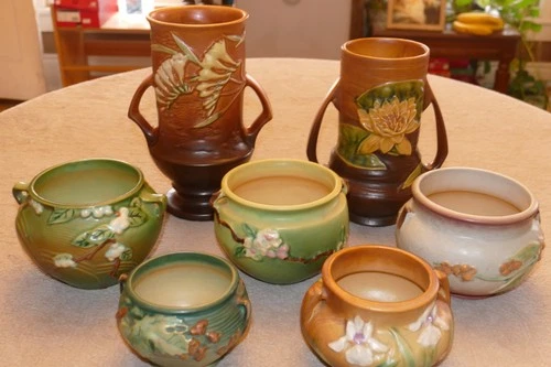 Lot of 7 Vintage Antique Roseville Art Pottery Pieces Jardinieres & Vases Good C