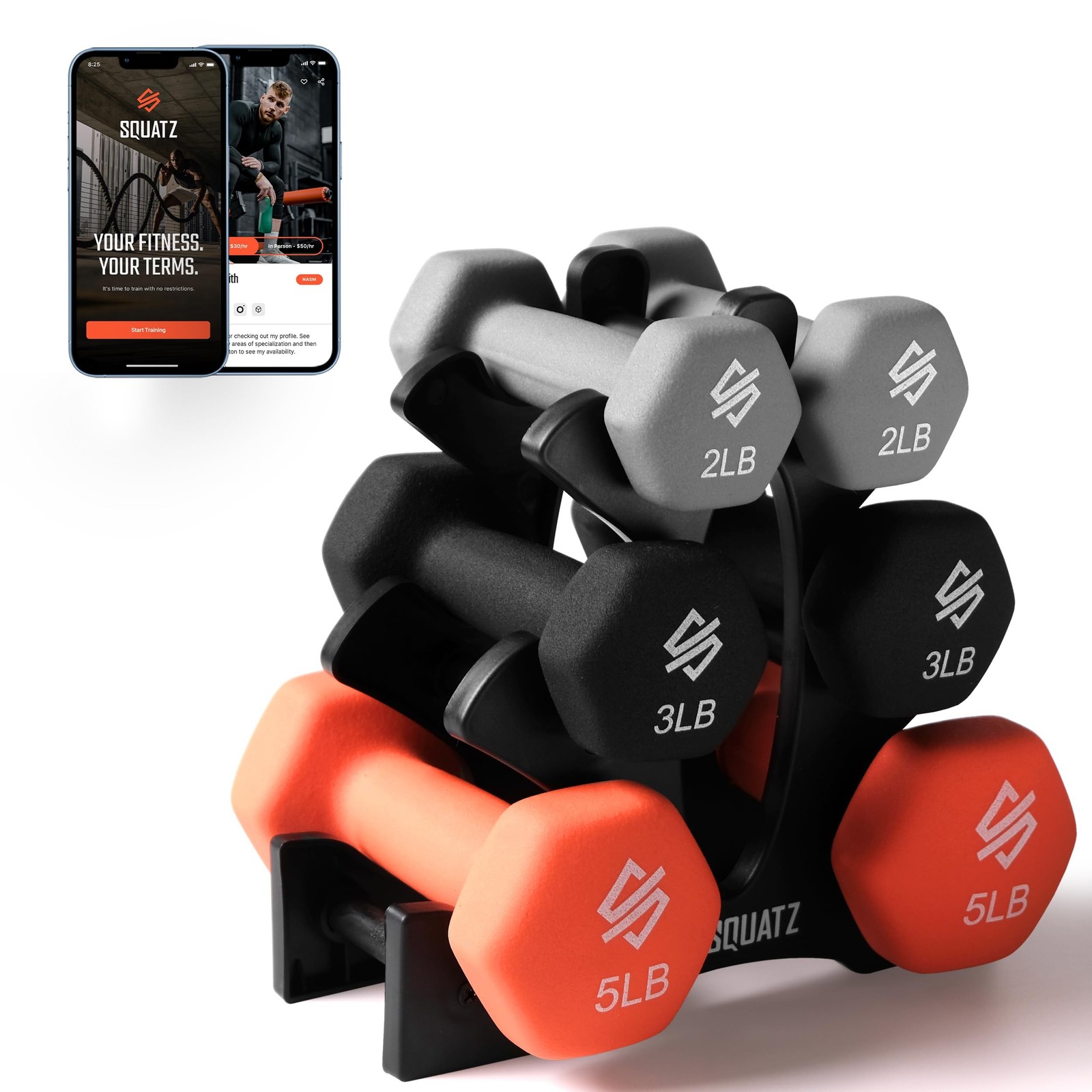 SQUATZ Dumbbell Weights Set with Stand Coated Weights 3 Color 20LB