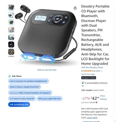 Desobry Portable CD Player with Bluetooth