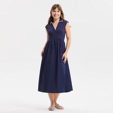 Women Contrast Collar Midi A-Line Dress - A New Day Navy Blue