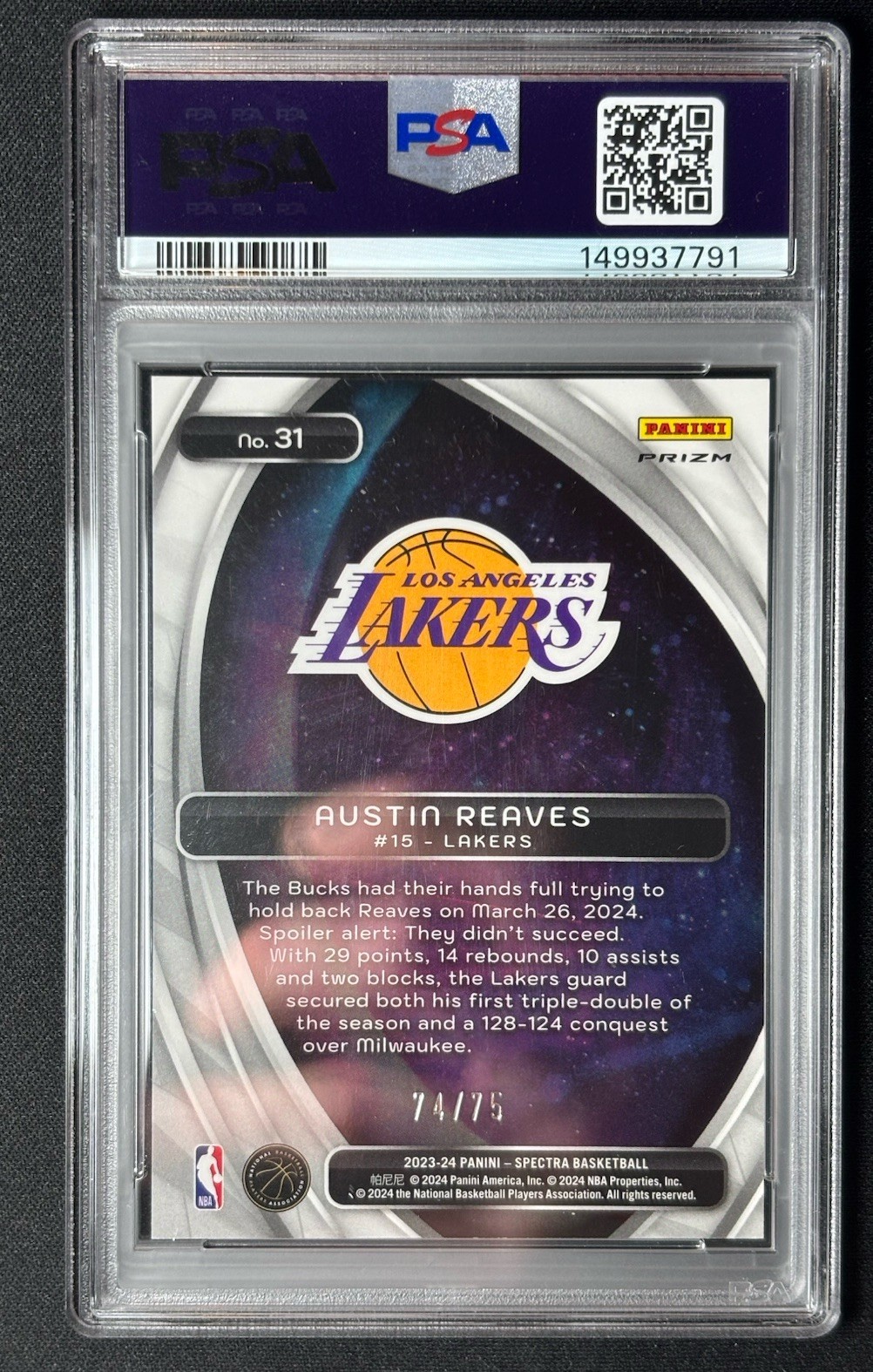 PSA 9 Austin Reaves /75 2023-24 Spectra Titan Green International Lakers view 2