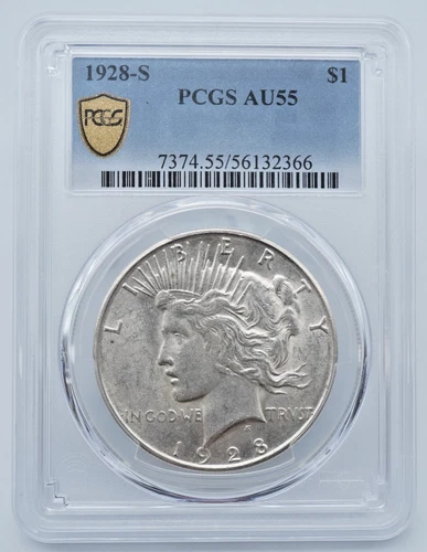1928-S Peace Silver Dollar PCGS AU55 Gold Shield Label - T381