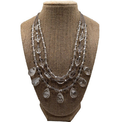 J. Jill Three Strand Necklace Translucent Glass Cascading Beads Gray Cord
