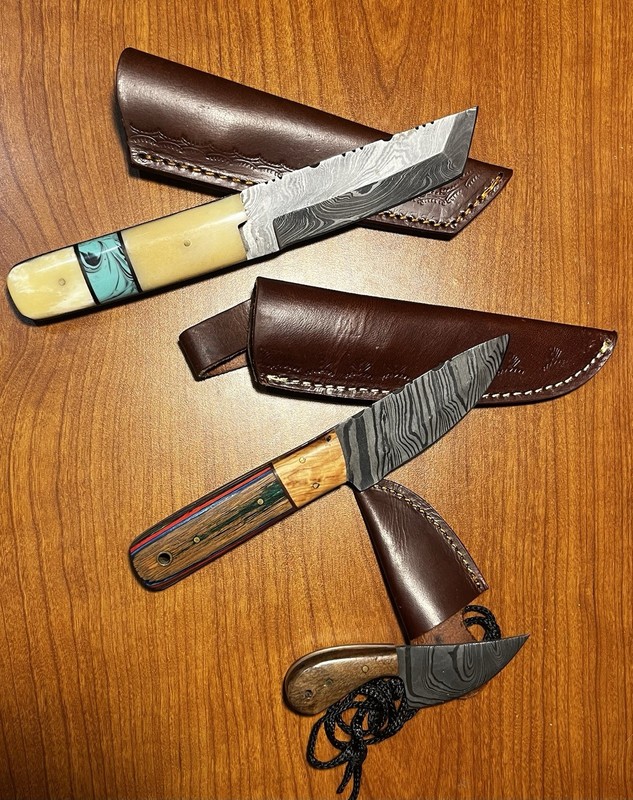Fixed Blade Knife Lot Of 3, Handmade, Damascus Blade Wood Handle Leather Sheath