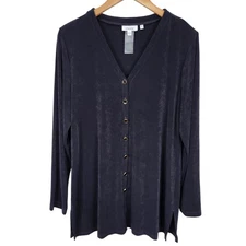 Chicos Tunic Blouse Size 2 Large Black Travelers Slinky Knit Cardigan Stretch