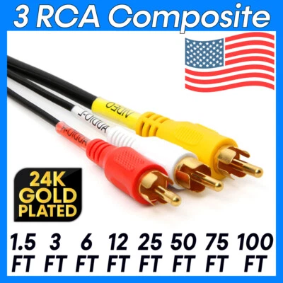 CMPLE 3-RCA Composite Cable Red White Yellow Stereo Audio Video AV Cord TV VCR DVD