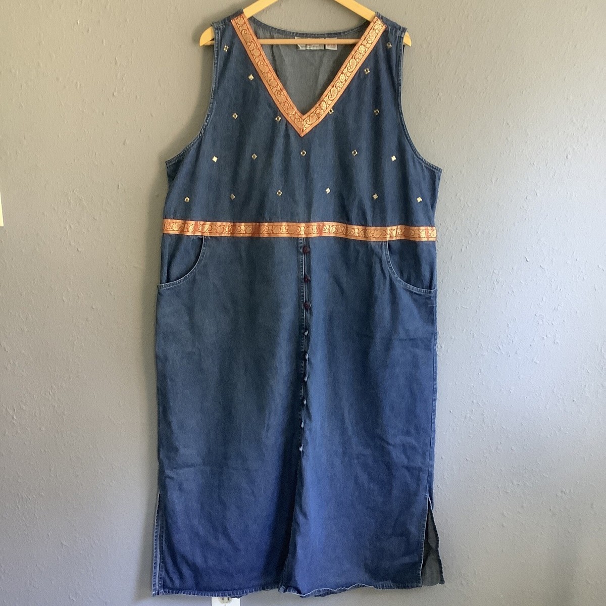 Vintage Jane Ashley Woman Blue Denim Maxi Jumper Dress 2X Cotton Ribbon Trim